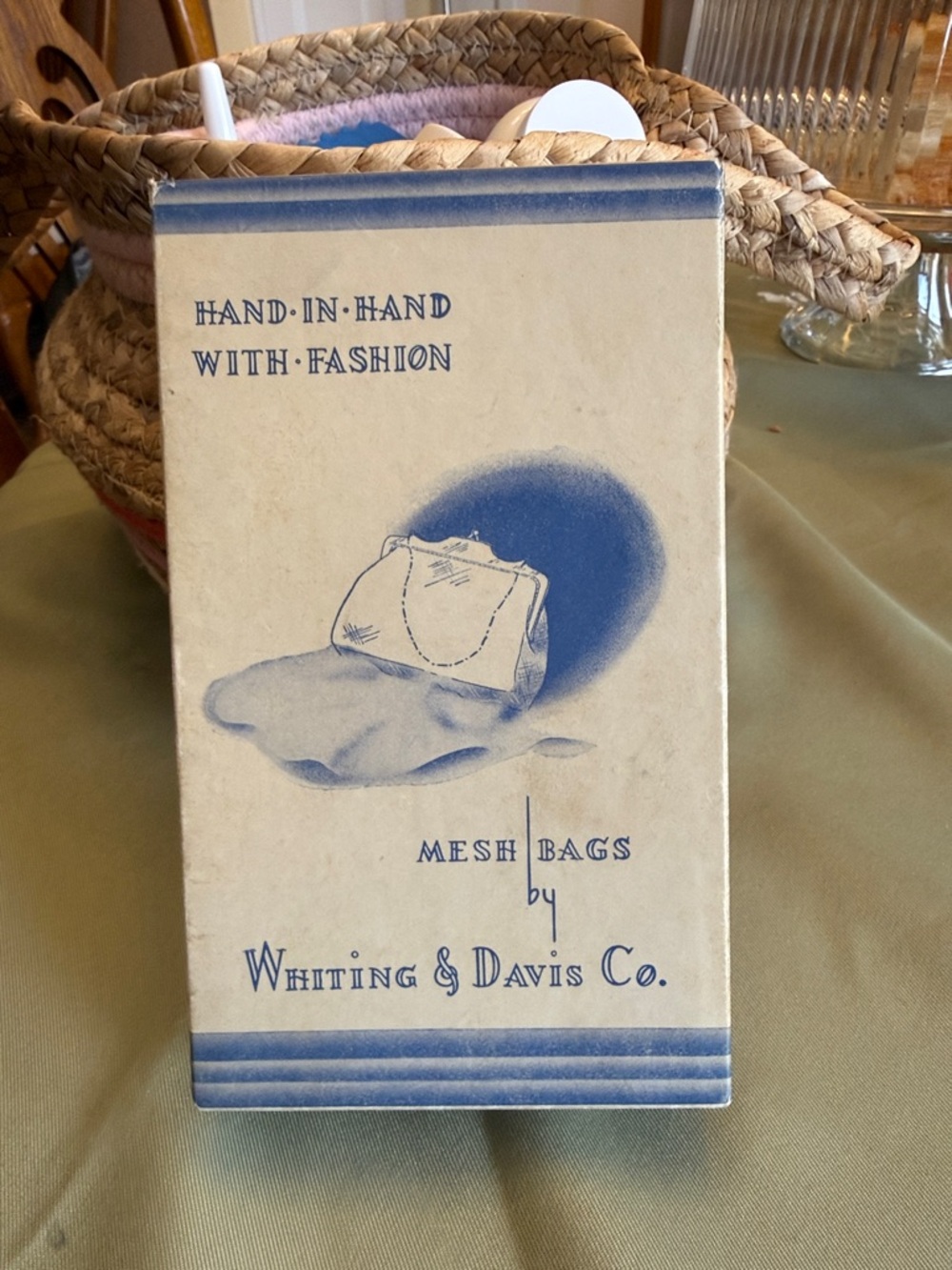 Whiting & Davis Cream and Blue Printed Mesh Bag Box